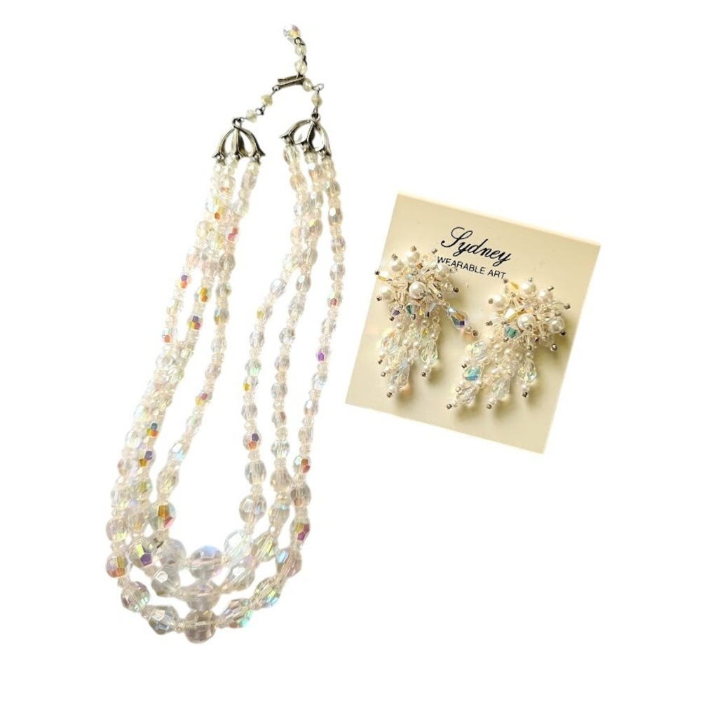 Vtg Aurora Borealis AB 3 Strand Necklace Set Sydney Wearable Art Earring Pearl